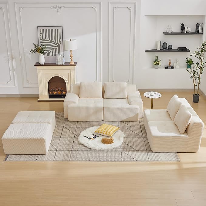 Modular Sectional Sofa with Movable Ottoman, 4 Seat Deep Seat Couch with 4 Pillows, Comfy Cloud Sectional Sofa for Living Room, Bedroom and Apartment (White, 1 Left+1 Right+2 Middle+2 Ottoman)