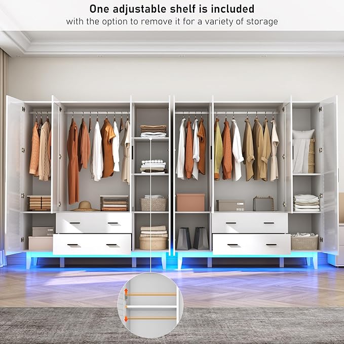 Hlivelood 4 Door Armoire Wardrobe Closet Cabinet with Drawers and LED Lights, Multi-Tier Shelves, Hanging Rod & 4 Louver Doors, Large Capacity Storage Wardrobe Armoire for Bedroom, White