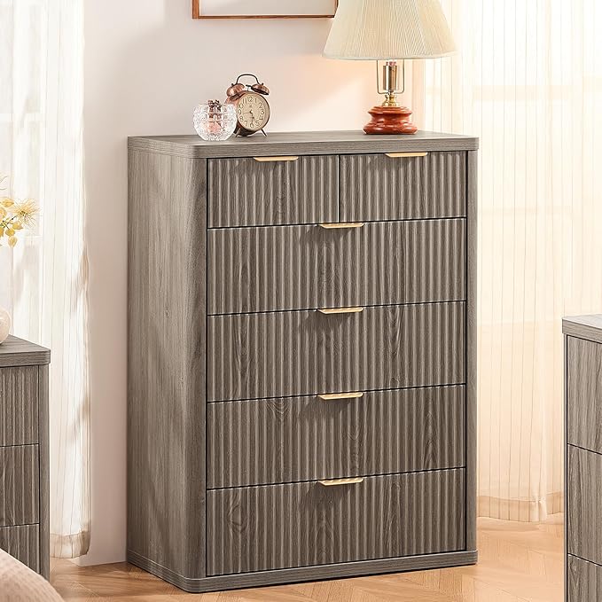 LEYAOYAO 42" Tall Fluted Dresser and 3 Drawers 23" Nightstand Set of 2, Wooden Dresser & Night Stand with Charging Station, 3 Piece Bedroom Furniture Set, Wood Chest of Drawer for Living Room,Grey