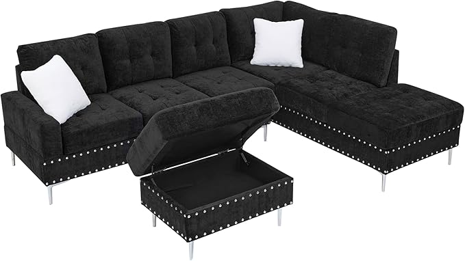 ERYE 102-Inch L-Shaped Corner Sectional Sofa Chenille Upholstered Tufted Corner Sofa Couch with Storage Ottoman and Nailhead Decor,Modern L-Shaped Convertible Couches
