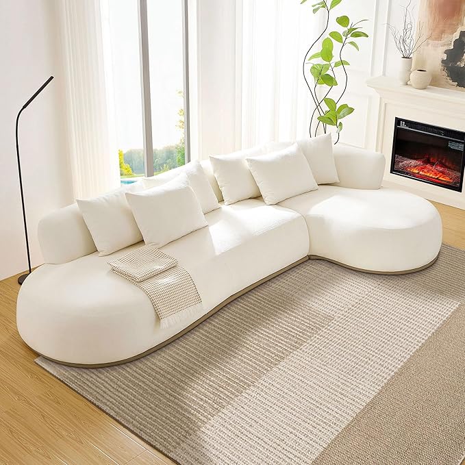 KEIKI 135" L-Shaped Oversized Boucle Sectional Sofa with Right Chaise, Modern 5-Seater Polyester Curved Couch with PU Leather Base & 6 Decorative Pillows, No Assembly Required, for Living Room, Beige