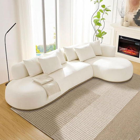 KEIKI 135" L-Shaped Oversized Boucle Sectional Sofa with Right Chaise, Modern 5-Seater Polyester Curved Couch with PU Leather Base & 6 Decorative Pillows, No Assembly Required, for Living Room, Beige
