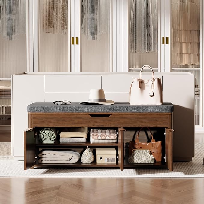 Shoe Bench with Storage - Lift Top Entryway Bench with Hidden Storage, Shoe Rack with Adjustable Shelves and Cushioned Seat, Wooden End of Bed Bench for Bedroom, Living Room and Hallway,Walnut - Image 9
