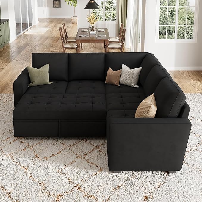 HONBAY Modular Sectional Sofa with Pull Out Bed Velvet Convertible L Shaped Couch with Storage Seat Sleeper Sectional Couches for Living Room,Velvet Black