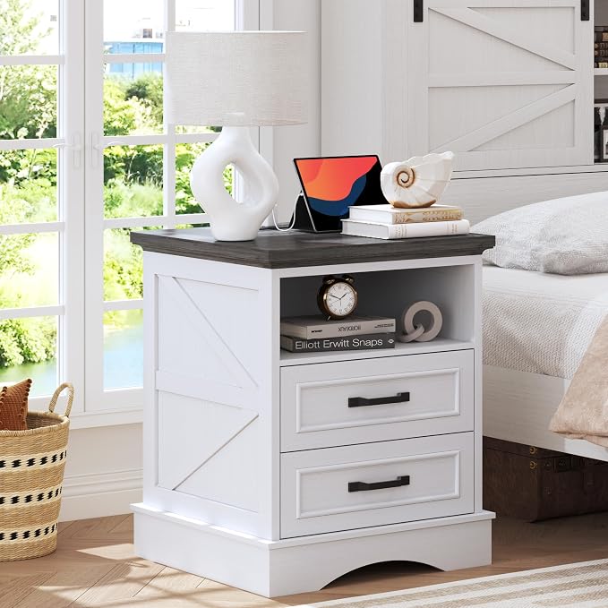 Fluest 24" Tall Farmhouse Nightstand, Night Stand with Fast Charging Station, Beside Tables with Drawers and Open Storage, Rustic End Tables for Bedroom, Antique White by Fluest