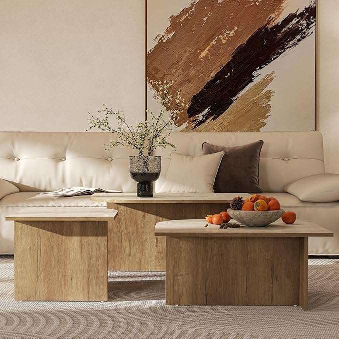 Set of 3 Nesting Coffee Tables, Modern Faux Marble Look Top Coffee Table Set with Wood Base, Versatile Stacking Accent Tables for Living Room, Small Spaces