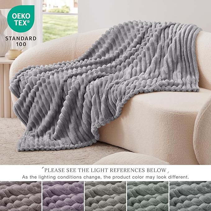 EXQ Home Fleece Throw Blanket for Couch or Bed - 3D Stripe Jacquard Decorative Blankets - Cozy Soft Lightweight Fuzzy Flannel Blanket Suitable for All Seasons(50"??60",Light Grey)
