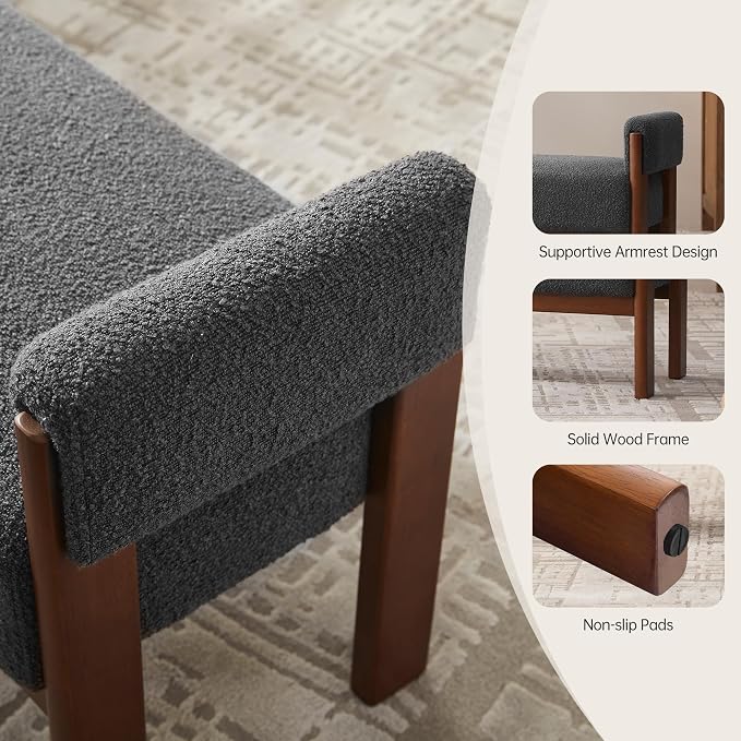 VKNOW End of Bed Bench, 51.8” Modern Upholstered Bedroom Bench Indoor Bench with Arms, Entryway Bench with Solid Wood Frame for Bedroom Living Room, Dark Gray - Image 4