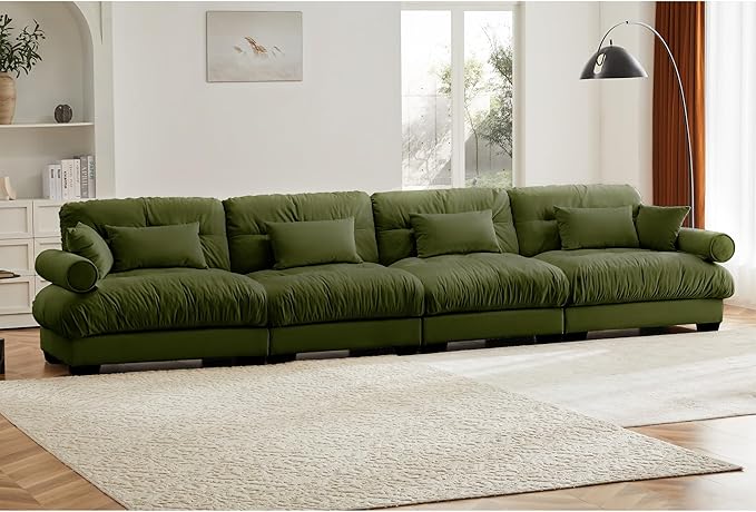 KEIKI 166" Oversized Velvet Modular Sectional Sofa with High-Density Foam Cushion and Bolstered Armrests, Upholstered Modern Style 4-Seater Cloud Couch with 6 Pillow, for Apartment, Living Room, Green
