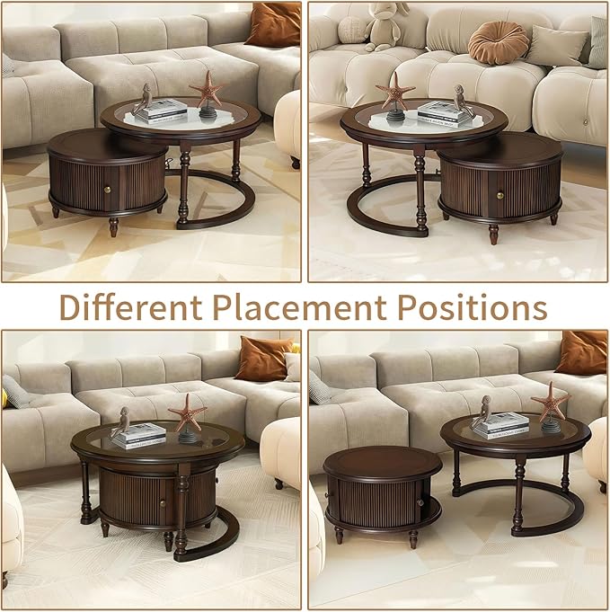 LKTART Nesting Coffee Table for Living Room,Round Tempered Glass Solid Wood Nest Coffee Tables with Storage,Retro Small Accent Center Table for Small Space Apartment (31.5''D×18''H-Dark Brown)