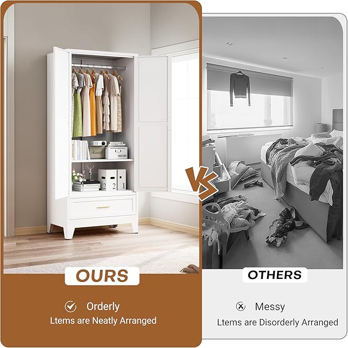 Metal Armoire Wardrobe Closet with 1 Drawer, 71" Wardrobe Cabinet with 1 Adjustable Shelf & 1 Hanging Rod for Bedroom, White Metal Closet Storage Cabinet with 2 Doors & Drawers