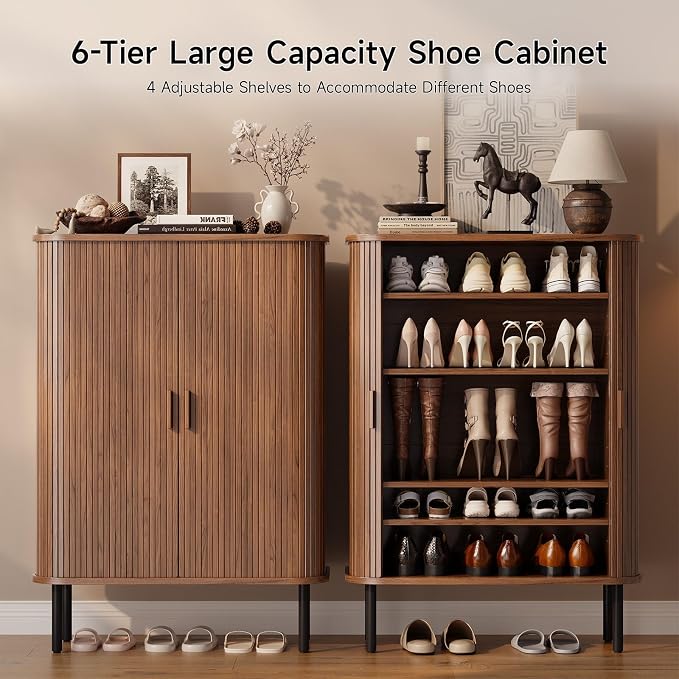 ONBRILL 6-Tier Shoe Cabinet with Sliding Door, Wooden Shoe Storage Cabinet with Adjustable Shelves, Mid-Century Modern Freestanding Shoe Storage Organizer for Entryway, Hallway, Living Room, Walnut - Image 3
