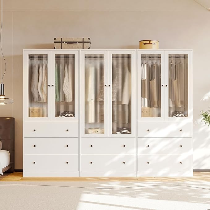 VOWNER 20“D Armoire Wardrobe Closet with Fluted Glass, 71" H Clothing Storage Cabinet with Hanging Rod, 4 Soft-Close Doors Wooden Wardrobe Cabinet for Bedroom(BBA)