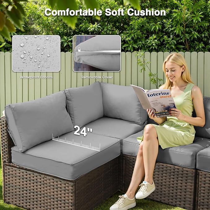 Patio Furniture Set with Fire Pit Table 5 Piece All Weather PE Rattan Outdoor Sectional Sofa Couch with 4 x arm Sofa, No-Slip Cushions for Garden, Poolside, Backyard (Gray)