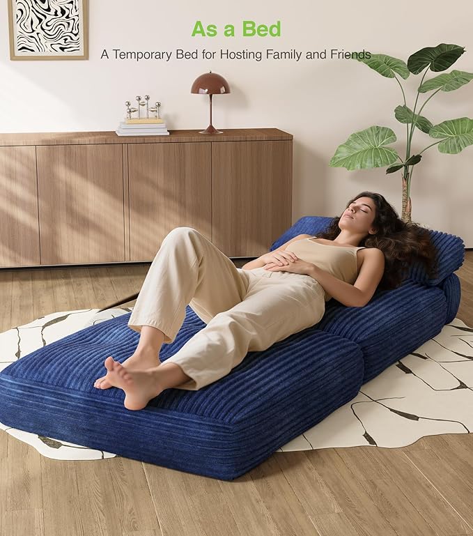 Plush Corduroy Folding Sofa Bed, Free Setup Floor Beds, 34" Boneless Couch for Small Spaces, Corner Chair, Convertible Sleeper Chair, Corner Couch, Foldable Sleeper Sofa Beds, Blue
