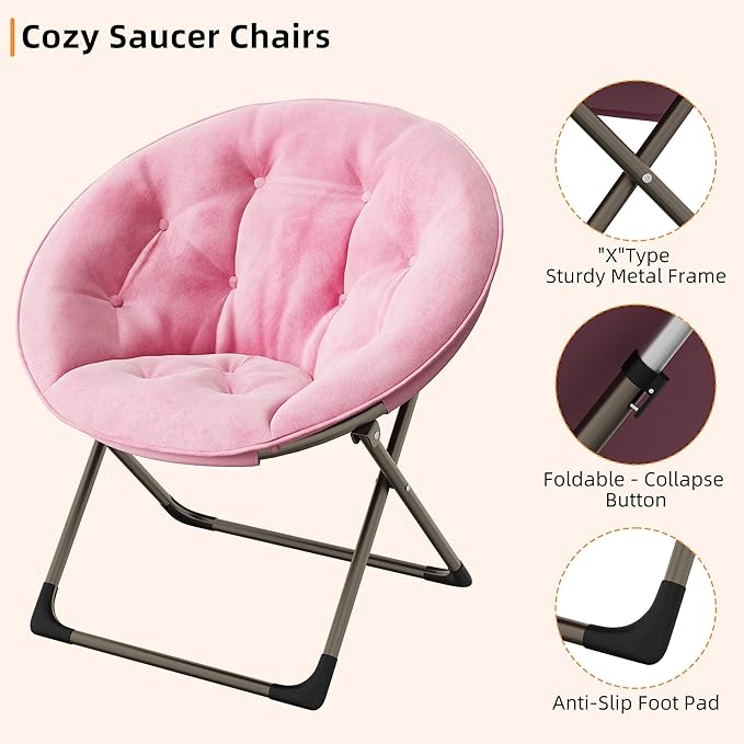 GAOMON Saucer Chair, Comfy Chair Faux Fur Lounge Moon Chair with Folding Metal Frame, Oversized Plush Flower Accent Seat for Adults, Teens & Kids, for Teens, Bedroom, Dorm or Living Room, Pink