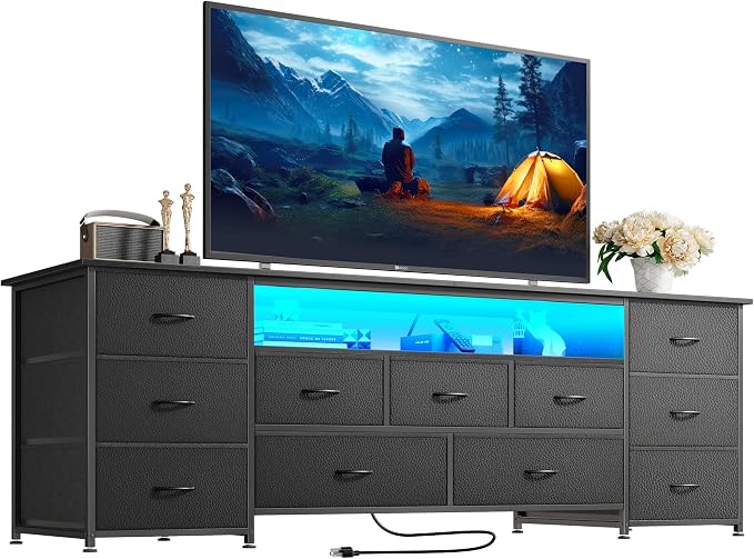 Huuger 63 Inch TV Stand for 65, 70 Inch TV, 11 Drawer Long Dresser with Power Outlets and LED Lights, Entertainment Center with Storage, Black Dresser with PU Leather Surface by Huuger