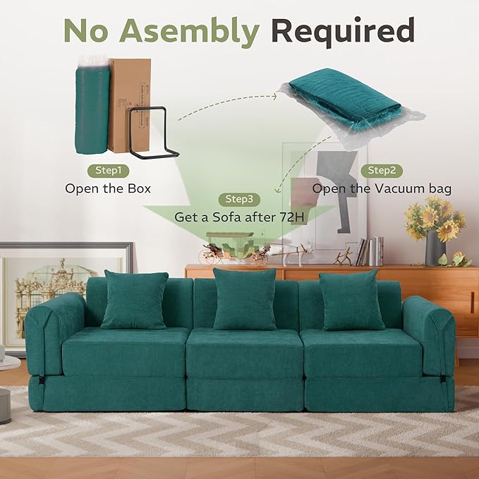 100" Convertible Sleeper Sofa Bed, Oversized Modular Sectional Cloud Sofa with Fixed-Shape Frame & Tabletop, Boneless Couch with Storage Pocket for Living Room, No Assembly Required, Green