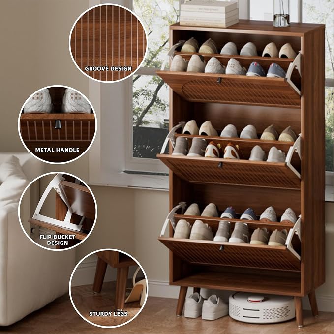 Fsbecl Shoe Storage Cabinet for Entryway with 3 Flip Drawers, Narrow Shoe Organizer with Fluted Panel, Freestanding Wood Hidden Shoe Cabinet for Hallway (Walnut, 23.6''W, Double Layer) - Image 4