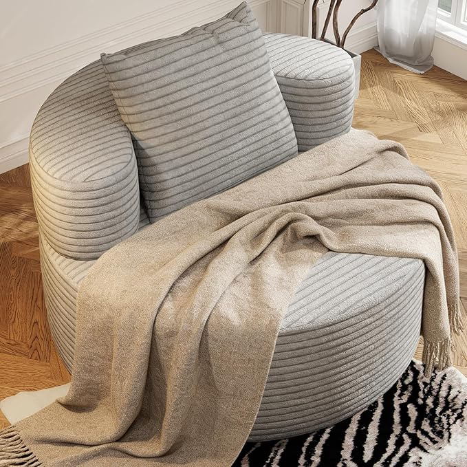37.4" Boneless Round Chair, Oversized Chaise Lounge Cloud Chair Indoor, Upholstered Corduroy Deep Seat Sofa Accent Chair, No Assembly Required, for Living Room Bedroom Apartment