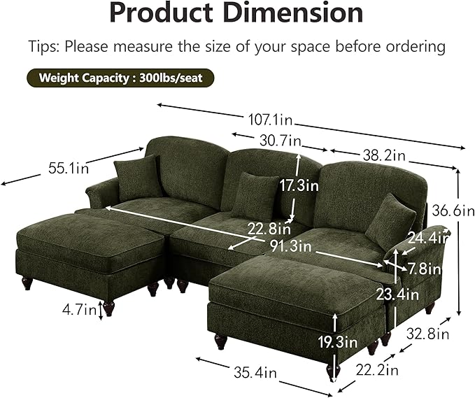 KEIKI Mid Century Modular Sofa with Flared Arms and Skirted Design, 107” Oversized 3-Seater with 2 Ottomans Luxury Chenille U-Shaped Sectional Couches for Living Room, Chaise Lounge Indoor, Green