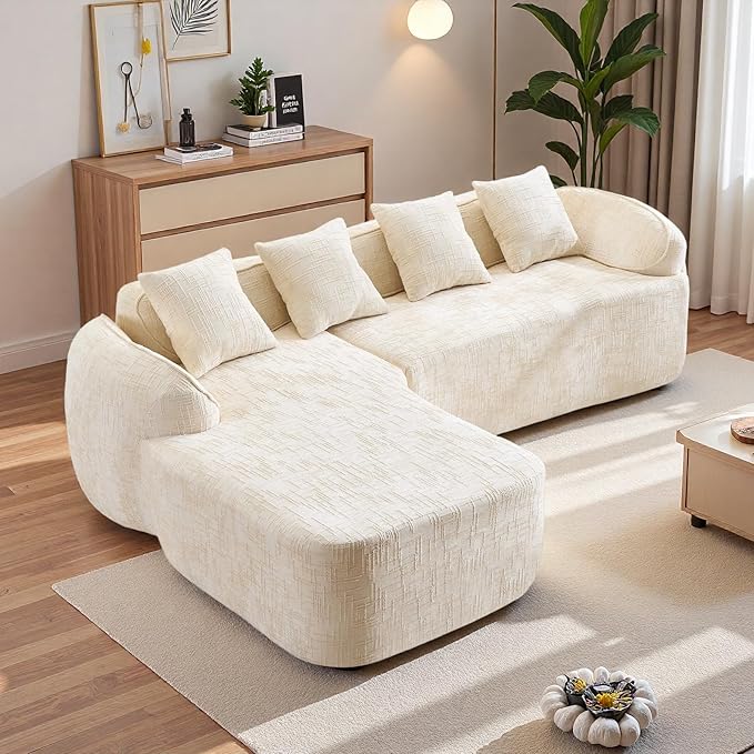 L Shaped Compression Sofa, Modular Couch with Curved Armrests & 4 Coordinating Pillows, Modern 101'' Chenille 4 Seater Sofa with Wide Seat for Living Room, Bedroom, No Assembly, Beige