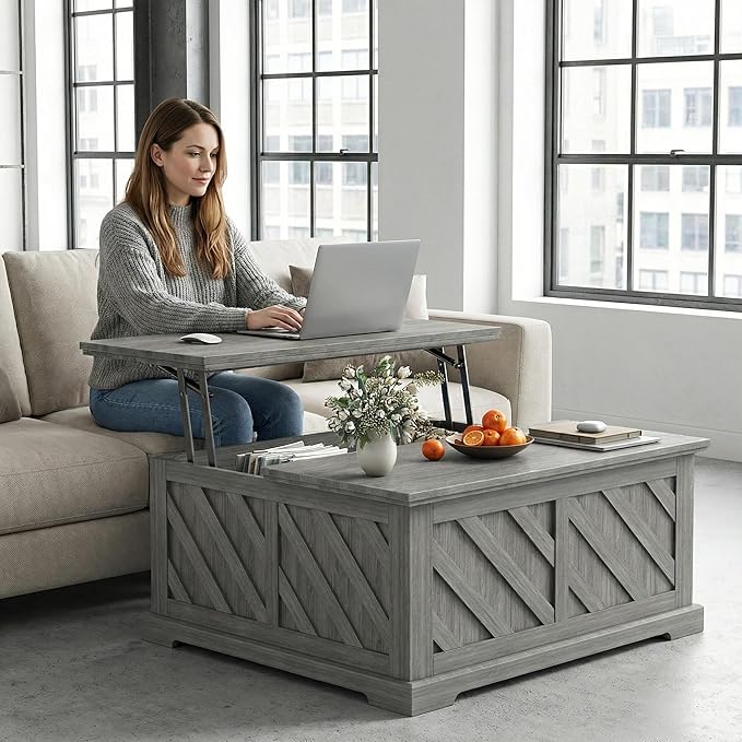 Amada Lift Top Coffee Table with Storage, Smooth Lifting Center Table with Hidden Compartment, Diagonal Pattern Wood Coffee Table for Living Room and Home Office, Gray