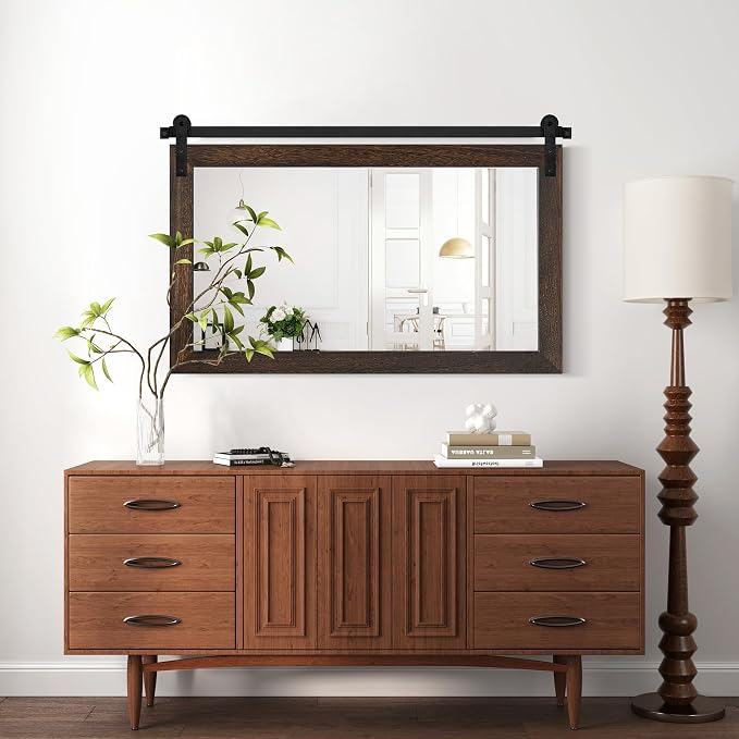 COGOOD Farmhouse Bathroom Mirror - 49" x 30" Rustic Barn Door Mirror for Living Room, Entryway, Bedroom, Vanity Wall Decor (Black Brown) - Image 3