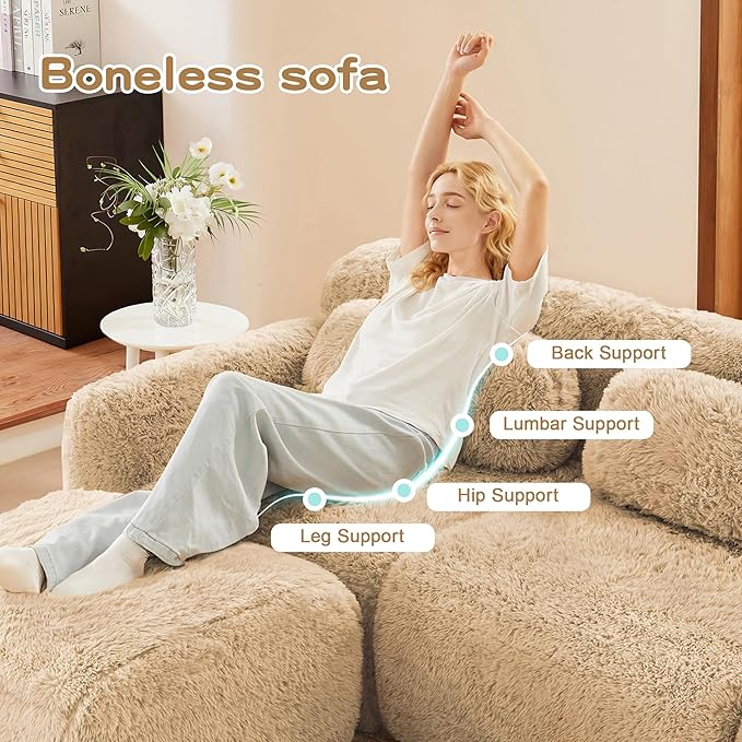 80.4-Inch Boneless Love Seat Couches in a Box, Modern 2 Seat Floor Modular Foam Cloud Sofa Faux Fur Loveseat Couch W/Angle Armrests for Home Apartments Bedroom
