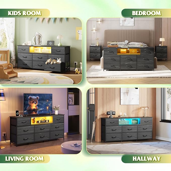 WLIVE Black Dresser TV Stand for 50, 55, 65 inch TV, Entertainment Center with LED Lights & Charging Station, Chest of Drawers with 8 Fabric Drawers and Open Shelves for Living Room, Bedroom, Wood Top - Image 4