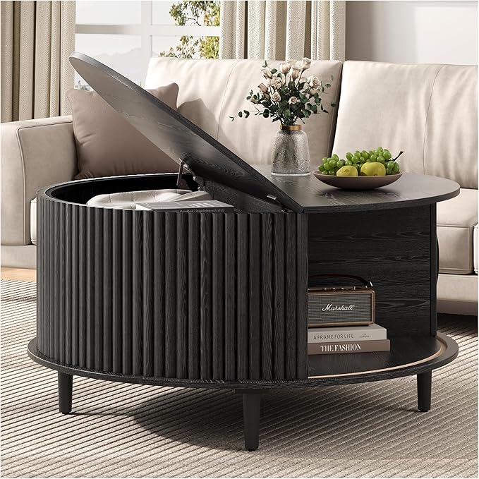 SULIVES Black Round Coffee Table with Storage, 31.5" Wood Drum Table, Fluted Circle Center Table for Living Room, Modern Mid Century Furniture with Sliding Door
