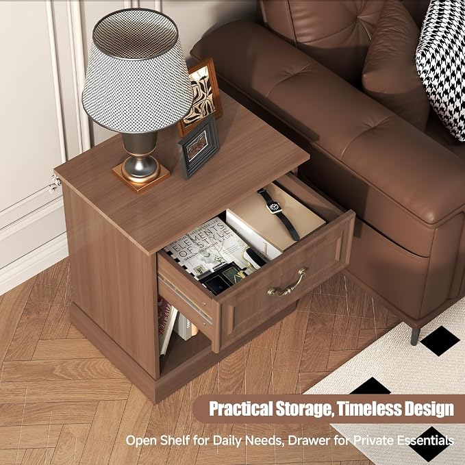 Nightstand Set of 2 with Drawer and Open Shelf, Wooden Bed Side Table for Bedroom, Modern End Table Side Table for Living Room, Small Night Stand Set 2 Furniture for Small Spaces (Walnut) - Image 4