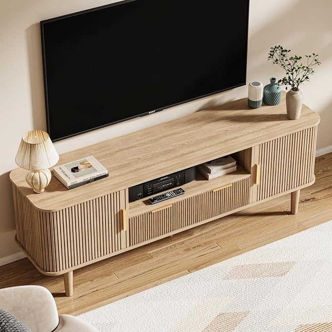 62.4 Inch Fluted TV Stand, Modern Media Console Table with Sliding Tambour Door Farmhouse Sideboard Buffet Cabinet Fits TVs up to 75 inch, Wood Entertainment Center for Living Room(Oak) - Image 3