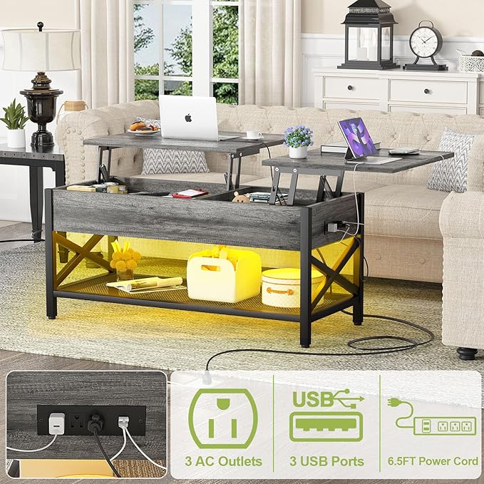 Aheaplus Lift Top Coffee Center Table with LED Light and Power Outlet, Modern Table with Storage Shelf for Living Room, Lift Tabletop, X Support, Metal Frame, Black Oak