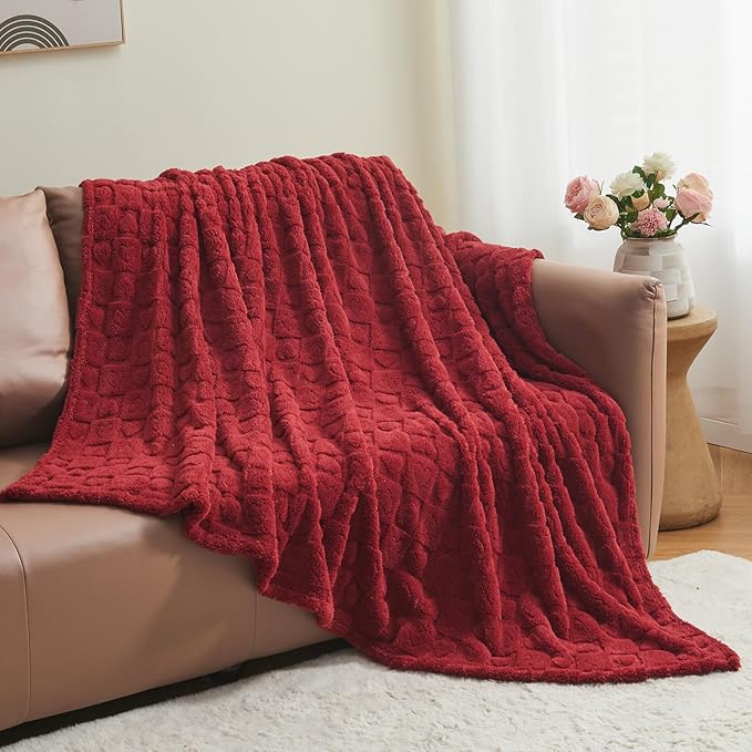 NEWCOSPLAY Super Soft Queen Blanket Red Premium Silky Flannel Fleece 3D Heart Checkered Lightweight Bed Blanket All Season Use (Red Heart, Queen(90"x90"))