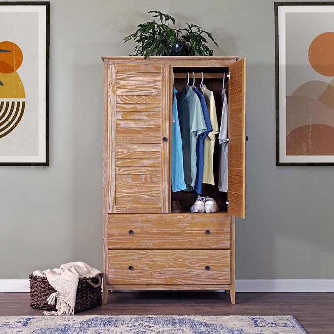 Grain Wood Furniture Greenport 2-Door Wardrobe, Solid Wood with a Brushed Driftwood Finish