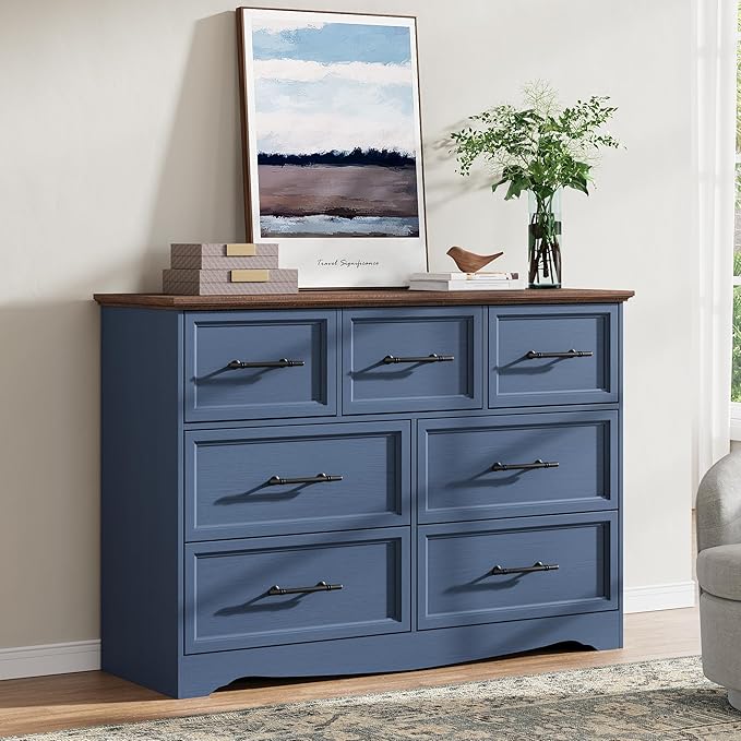 Bedroom Set, 3 Pieces Bedroom Furniture Set, Wood 7 Drawer Dresser and Nightstands with Charging Station, Farmhouse Storage Organizer Cabinet for Bedroom, Blue