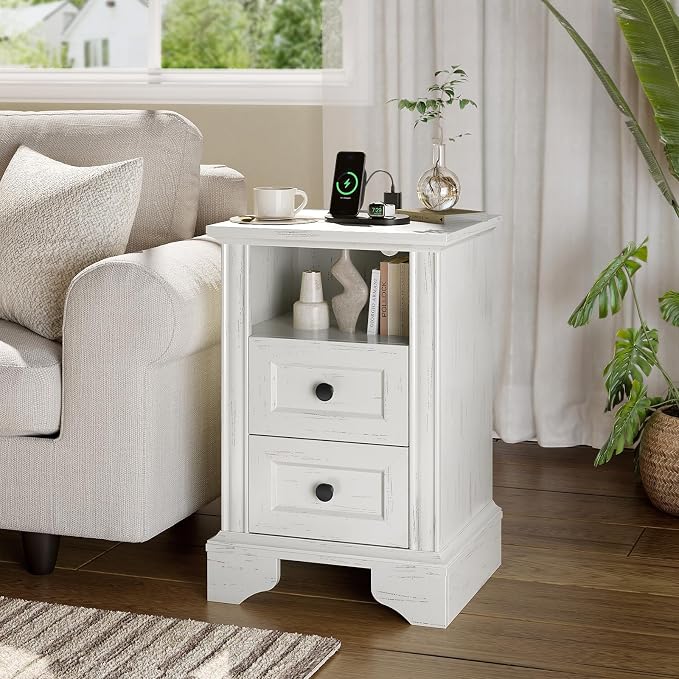VINGLI Night Stand Set 2 White Nightstand with Charging Station, Wood Nightstands for Bedroom, Bedside Table, End Table with Charger Station, 15.74" W*13.78" D*23.62" H - Image 6