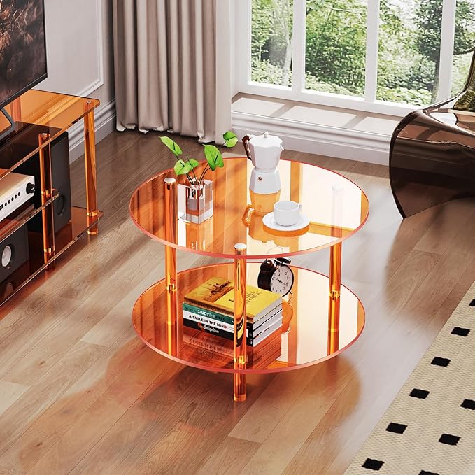 Acrylic Coffee Table, Small Round Modern Coffee Table for Living Room,23.6" D x 23.6" W x 16.5" H