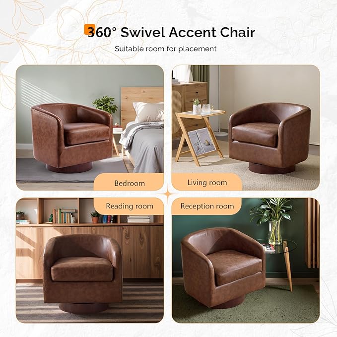 VINGLI 360°Swivel Accent Chair with Engineered Wood Base and Removable Cushion for Living Room, Bedroom, Curved Back Barrel Chair for Small Space, Upholstered Bucket Armchair, Pu-Brown