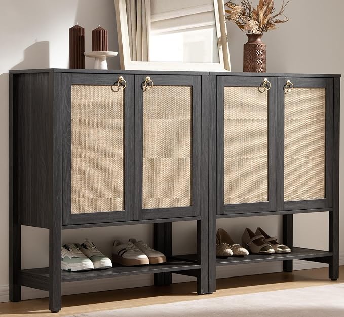 SICOTAS Shoe Storage Cabinet for Entryway - 5 Tier Rattan Entry Shoe Organizer Cabinet with Shelves & Doors, 2 Pieces Farmhouse Boho Tall Shoe Rack for Hallway, Living Room, Closet (Obsidian) - Image 7