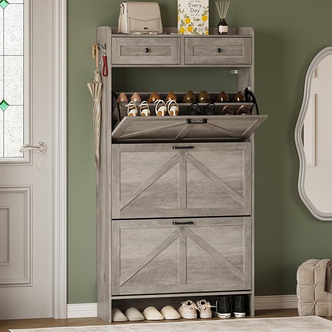 BORNOON Shoe Storage Cabinet for Entryway, Farmhouse Narrow Shoe Cabinet with 3 Flip Drawers & 2 Top Drawers, Adjustable Shelves & Hooks, Freestanding Hidden Rack Organizer for Hallway, Foyer by BORNOON