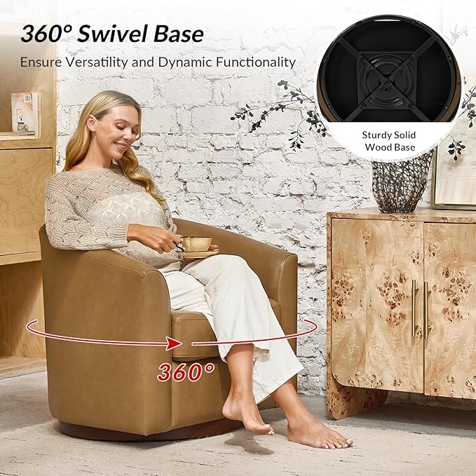 HULALA HOME Genuine Leather Swivel Accent Chair with Solid Wood Base, Round Swivel Barrel Chair for Living Room and Bedroom, Camel
