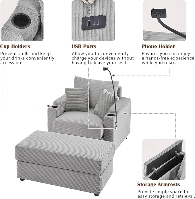 Merax Modern 41.7" Chaise Lounge with Pillows, Charge Station & Cup Holders,Upholstered Sofa Recliner Chair with Ottoman for Living Room Bedroom Gray