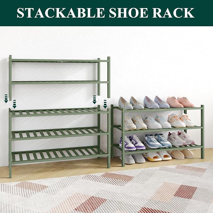 Smiry Bamboo Shoe Rack for Closet, 5 Tier Wooden Stackable Shoe Organizer, Free Standing Shoes Storage Shelf for Entryway, Front Door Entrance, Green - Image 6