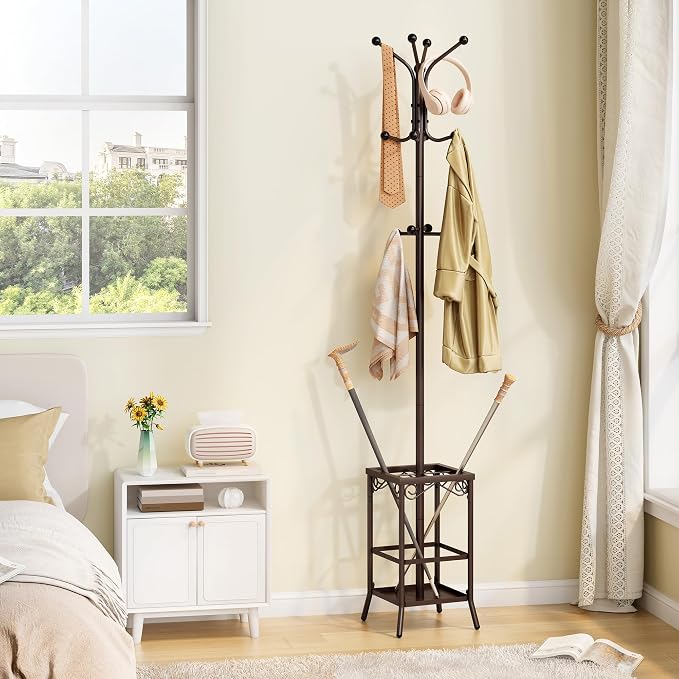 Hoctieon Coat Rack Freestanding, Coat Tree with Umbrella Holder, Metal Coat Rack Stand with 12 Hooks, Standing Coat Hanger Stand, Umbrella Stand for Entryway, Hat Rack Stand for Home Office, Brown - Image 8