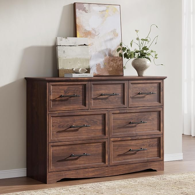 Walnut Dresser for Bedroom, Modern 7 Chest of Drawers, 47" Wide 7 Drawer Dresser with Brushed Metal Handle, Wood Closet Organizers and Storage Cabinet for Bedroom, Living Room, Hallway - Image 6