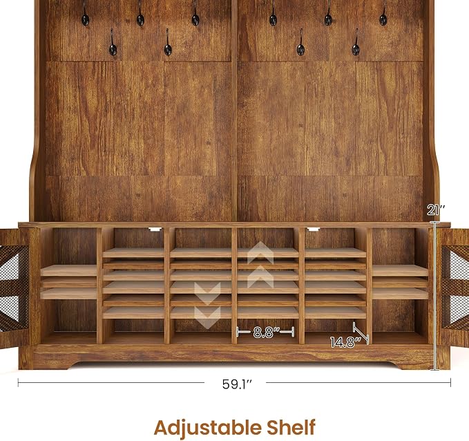 Itaar Hall Tree with Bench and Shoe Storage, 5-in-1 Entryway Bench with Coat Rack, 16 Shoe Cubbies & 12 Coat Hooks, Barn Door & Adjustable Shelf (Rustic Brown) - Image 7
