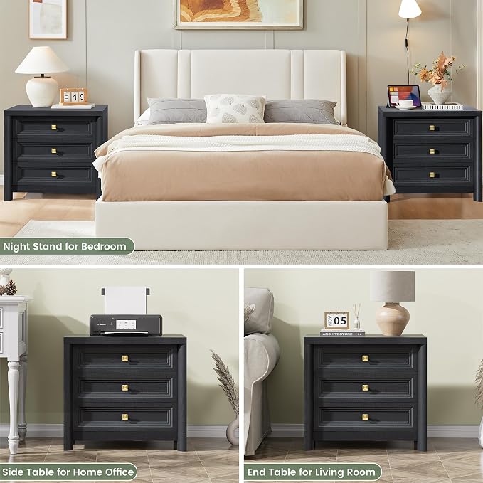 Black Night Stand Set of 2, Farmhouse Nightstand with 3 Drawers, 24.8” Tall Nightstand with Gold Knobs, Wood Bedside Table for Bedroom, Modern End Table for Living Room Office - Image 5