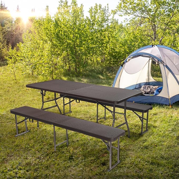 VINGLI Picnic Table Set with 2 Benches, 6 Feet Camping Table Chair Set, 3-Piece Folding Furniture for Indoor or Outdoor Use, Rattan Patterned Tabletop, Brown - Image 7